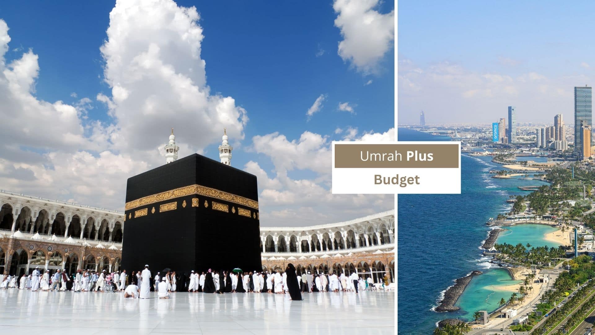 Kaaba in Makkah und Corniche in Jeddah mit Badge „Umrah Plus – Budget“