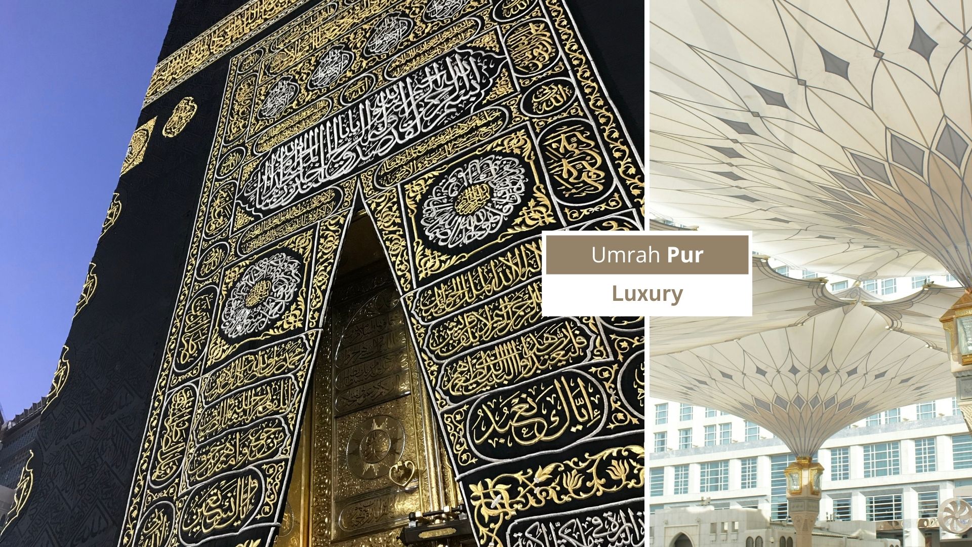 Kaaba in Makkah und Prophetenmoschee in Madinah mit Badge „Umrah Pur – Luxury“