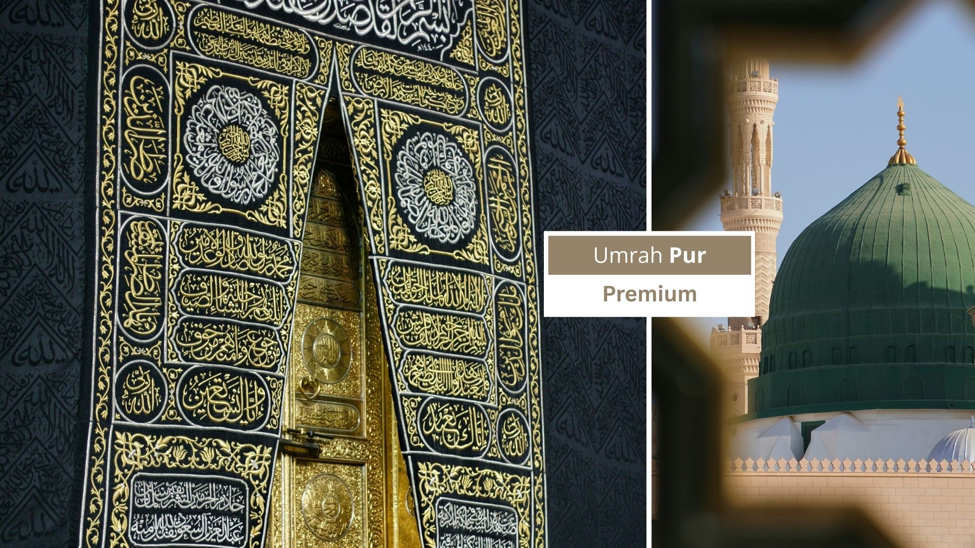 Kaaba in Makkah und Prophetenmoschee in Madinah mit Badge „Umrah Pur – Premium“
