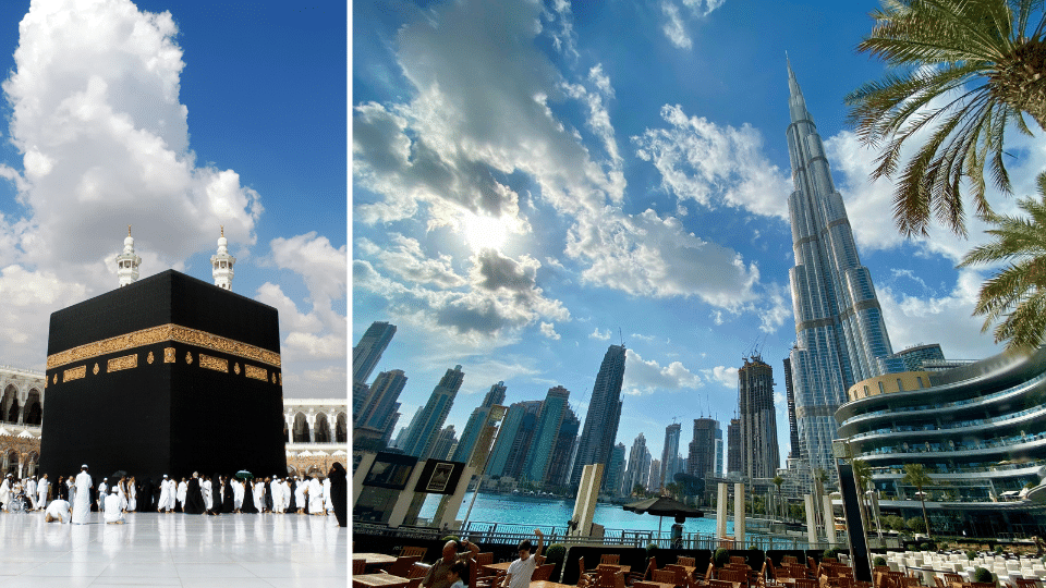 Kaaba in Makkah und Burj Khalifa in Dubai