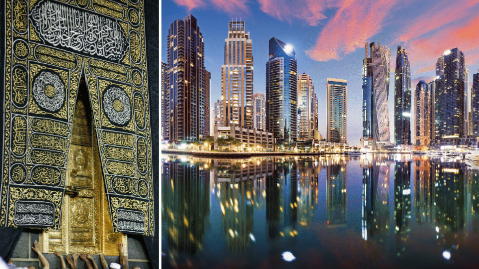 Kaaba in Makkah und Skyline der Marina in Dubai