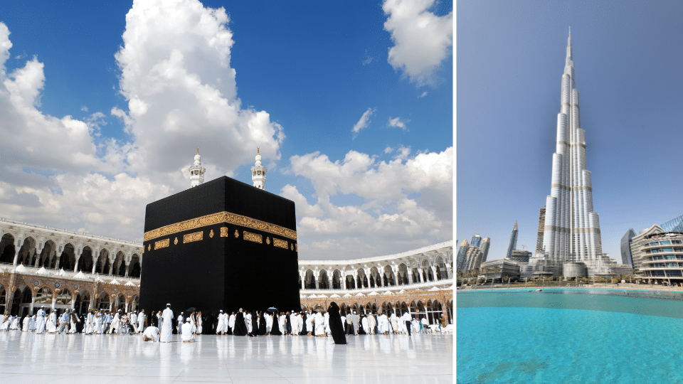 Kaaba in Makkah und Burj Khalifa in Dubai mit Badge „Umrah Plus – Budget“